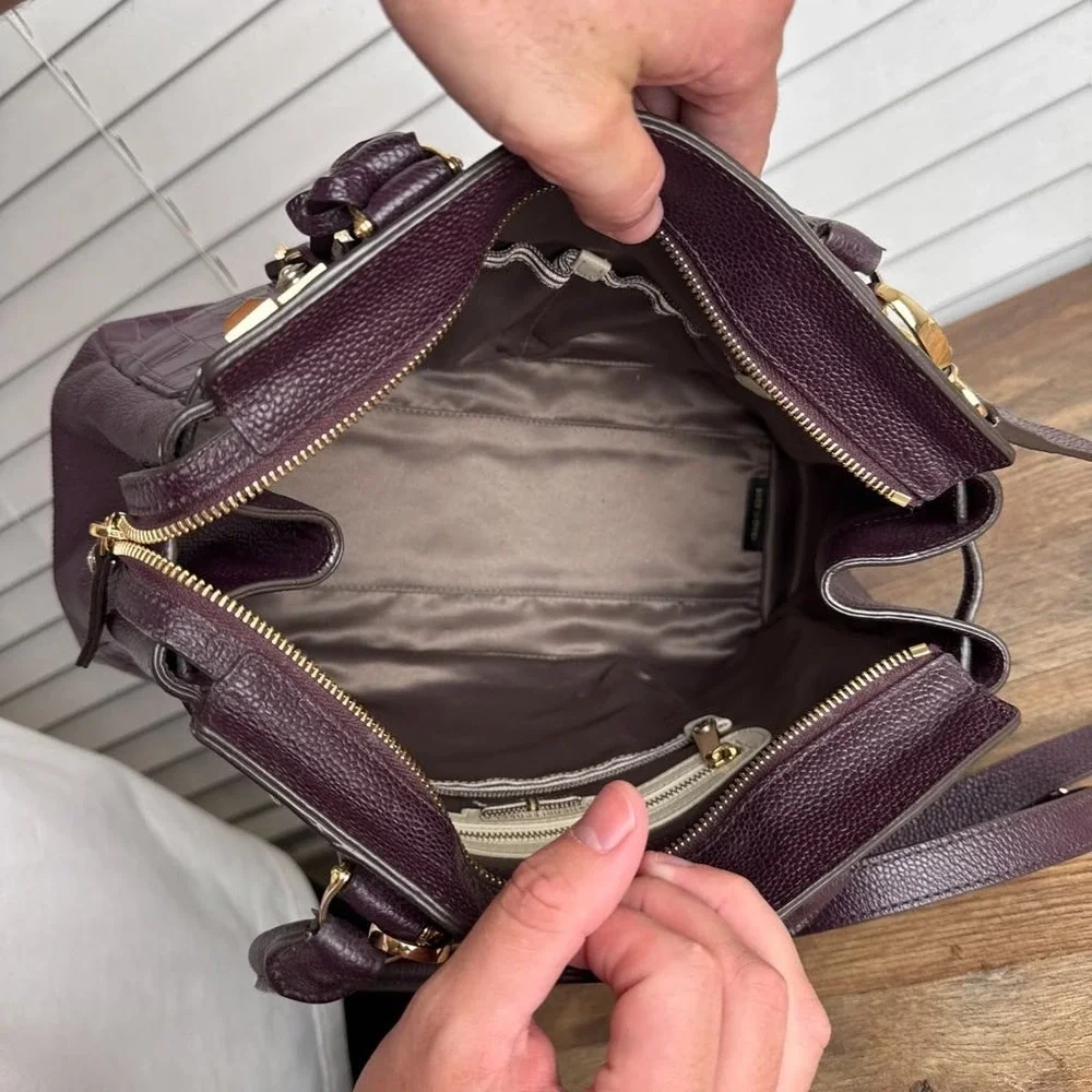Henri Bendel Leather Patchwork Satchel Burgundy Croc Embossed Limited Edition